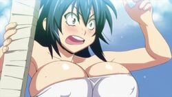 1girls animated bangs bare_shoulders big_breasts blue_eyes blush bouncing_breasts breasts cleavage female female_only green_eyes hair_between_eyes hoods_entertainment huge_breasts kaneko_hiraku manyuu_chifusa manyuu_hikenchou nipple_bulge no_sound open_mouth screencap teeth tubetop video