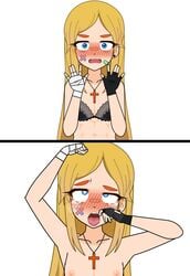 ahe_gao arah_(fnafhs) black_bra blonde_wig blush femboy fnafhs gloves heart_eyes orange_eyebrows oxy_(fnafhs) sarah21sugardust tongue_out trap yaoi