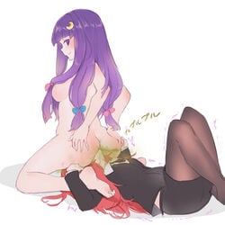 13o 2girls ass bare_ass clothed clothed_female_nude_female clothed_sub clothed_sub_nude_dom facefart facesitting fart farting_in_face femdom femsub holding_ass koakuma looking_back multiple_girls nude nude_dom nude_female patchouli_knowledge purple_hair red_hair smile squeeze succubus touhou white_background