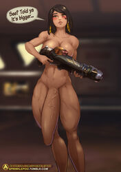 1futa athletic big_breasts black_hair blush breasts brown_skin casual club_shaped_penis color completely_nude dark-skinned_futanari dark_hair dark_skin dickgirl firearm front_view futa_is_bigger futa_only futanari gun huge_cock huge_penis human intersex large_breasts long_hair long_penis looking_at_viewer monster_cock muscles muscular_thighs nude overwatch patreon penis_size_comparison penis_to_the_knees pharah rocket_launcher solo_futa sprinklepoo standing text thick_penis thick_thighs third_leg toned url weapon