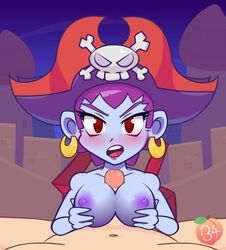 animated animated_gif breasts ear_piercing earrings gif hat light-skinned_male lipstick paizuri peachypop34 pirate pirate_hat pov pov_eye_contact purple_hair purple_lipstick purple_nipples red_eyes risky_boots shantae smooth_skin watermark