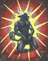 anatomically_correct animal_genitalia anthro balls black_fur bovid bovine european_mythology fur greek_mythology hooves horn kneeling male male_only mammal minotaur muscular muscular_male mythology nude penis rog_minotaur short_fur simple_background solo solo_male traditional_media_(artwork)