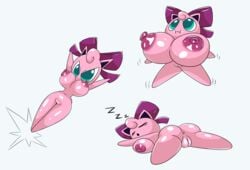 absurd_res anthro anus ass big_breasts big_butt breasts drshanks24 female green_eyes hi_res jigglypuff mammal nintendo nipples pink_skin plump_labia pokemon pokemon_(species) pout pussy simple_background sleeping solo stubby_legs super_smash_bros. tongue video_games