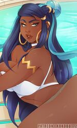 1girls alternate_breast_size artist_name bikini blue_eyes blue_hair breasts clothing dark-skinned_female dark_skin female female_only hair kokobuttz large_breasts long_hair nessa_(pokemon) nintendo patreon pokemon pokemon_ss solo text thighs video_games watermark