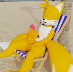 1boy 3d absurd_res anthro balls beach big_penis black_nose canine closed_eyes erection fox furry furry_only highres hornybunny large_penis male male_only mammal masturbation multiple_tails nude palm_tree penile_masturbation penis penis_grab sega sitting solo sonic_(series) tail tails thick_penis video_games white_fur yellow_fur