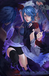 anti-aqua aqua_(kingdom_hearts) armor blue_eyes blue_hair breasts disney dress hair_between_eyes heroine imminent_rape jewelry judash137 keyblade kingdom_hearts looking_at_viewer lying medium_breasts pendant peril restrained short_hair shorts square_enix strap thigh_gap