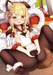 animal_ear_fluff animal_ears blush braid breasts brown_legwear cameltoe commentary_request detached_sleeves dog_ears dog_girl dog_tail dress erune feet female granblue_fantasy hair_ornament heart heart_hands highres long_sleeves looking_at_viewer lying muku_(muku-coffee) nervous_smile nipples no_shoes on_back open_mouth pantyhose pussy_juice revision single_braid sleeveless sleeveless_dress small_breasts soles solo spread_legs tail vajra_(granblue_fantasy) white_dress wide_sleeves wooden_floor