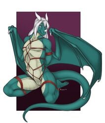 2019 accelo anthro cuntboy dragon green_scales hair horn intersex kneeling membrane_(anatomy) membranous_wings navel pale_eyes pussy scales scalie simple_background smile solo western_dragon white_hair wings