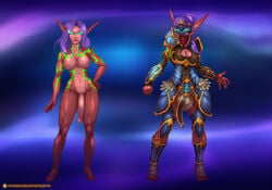 1futa armor big_breasts big_nipples breasts bulge clothed color completely_nude dickgirl elf flaccid front_view futa_only futanari glowing_eyes green_eyes hand_on_hip hips intersex long_hair long_penis midriff model_sheet night_elf nipples nude patreon penis pointy_ears purple_hair simple_background slim sprinklepoo standing tan-skinned_female tan-skinned_futanari tan_skin url warcraft wide_hips