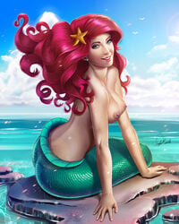 areolae ariel blue_eyes breasts disney douglas_bicalho mermaid nipples red_hair the_little_mermaid topless water