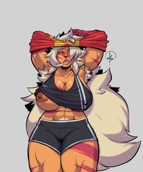 1girls 2018 abs armpit_hair arms_up booty_shorts breasts cleavage curvy erect_nipples_under_clothes female grey_background hairy huge_breasts jasper_(steven_universe) jayecho lips long_hair muscular muscular_female nipple_slip nipples one_breast_out orange_nipples orange_skin pubic_hair solo sports_bra sportswear steven_universe tank_top thick_thighs undressing white_hair