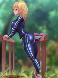 1futa ass blonde_hair blush breasts bulge closed_eyes clothed color exercise flaccid folded_leg futa_only futanari hourglass_figure huge_breasts intersex large_ass long_hair patreon penis penis_bulge penis_under_clothes side_view solo_futa sportswear sprinklepoo standing_on_one_leg stretching sweat thick_thighs tight_clothes tight_clothing tight_pants url workout_clothes