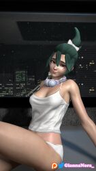 3d asian asian_female brown_hair giannanora_ green_hair kiriko_(overwatch) overwatch overwatch_2 sitting sitting_on_bed