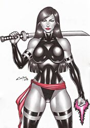 1girls asian betsy_braddock boots breasts carlos_braga clothed elizabeth_braddock female female_only fit_female gloves katana kwannon large_breasts leotard lipstick looking_at_viewer marvel mutant psylocke solo straight_hair superheroine tight_clothing x-men