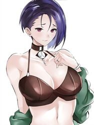 1girls asymmetrical_hair black_bra blue_hair bra bracelet choker clothed embarrassed fire_emblem fire_emblem:_three_houses jacket jacket_removed jewelry large_breasts purple_eyes ring shamir_nevrand the_kingduke tommietomm underwear