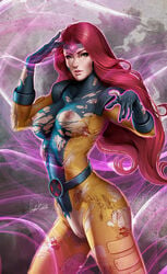 1girls areolae blood blood_stain breasts douglas_bicalho female female_only jean_grey marvel medium_breasts pussy red_hair shaved_pussy solo torn_clothes torn_clothing vagina x-men