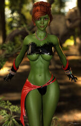 1girls 3d alien_girl alternate_costume belly_button black_gloves black_panties black_thong bracelet bracelets breasts dc dc_comics eyeshadow female female_only front_view gloves green_martian green_skin hair_bun hairbun light_smile makeup martian mascara medium_breasts midriff miss_martian navel necklace panties pinup red_eyes red_hair red_sash ripped_clothing sash savage_land signature smile smiling solo standing stomach teen_titans thighs thong tiangtam torn_clothes torn_clothing young_justice young_justice_(cartoon)