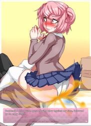 1boy 1girls accidental_fart ass ass_on_face brap doki_doki_literature_club embarrassed embarrassment facesitting fart fart_cloud farting farting_in_face huge_ass lazei natsuki_(doki_doki_literature_club) panties pink_hair straight