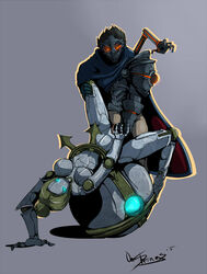 5_fingers armor biped blonde_hair blue_eyes breasts clothed clothing digital_media_(artwork) duo female female_penetrated fingers glowing glowing_eyes grey_background hair hand_holding humanoid humanoid_on_humanoid humanoid_penetrated humanoid_penetrating humanoid_penetrating_humanoid interspecies league_of_legends lying machine male male_penetrating mask metallic_body no_underwear on_back orange_eyes orianna penetration puppets robot robot_joints sex signature simple_background source_request straight table_lotus_position video_games viktor_(league_of_legends)