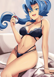 1girls abs blue_eyes blue_hair bra breasts clair_(pokemon) cleavage deviantart female female_only hair holding_object human human_only lingerie looking_at_viewer nintendo panties pokeball pokemon pokemon_gsc sitting solo vivivoovoo