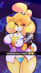 1girls animal_crossing anthro big_hair blonde_hair blue_panties breasts canid canine canis cleavage clothing doggirl domestic_dog female female_only fur isabelle_(animal_crossing) large_breasts mammal nintendo panties selfie shih_tzu shirt snapchat solo thick_thighs thighs tongue_out voluptuous wide_hips xpisigma