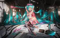 absurdres anal_beads aqua_eyes aqua_hair arms_up backpack bag ball_gag bell blush body_writing bondage bound collar elbow_gloves female female_only femsub gag gagged garter_belt gloves hatsune_miku high_heels highres kvpk5428 nipple_piercing object_insertion open_toe_shoes piercing randoseru restrained revealing_clothes science_fiction sweat tears thighhighs tongue_piercing twintails vibrator vocaloid