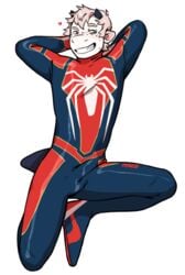 1boy 2019 anthro blush bovid bulge clothed clothing cosplay digital_media_(artwork) kyrosh male male_only mammal marvel marvel_comics smile smirk solo spider-man_(cosplay) spider-man_(ps4) spider-man_(series) transparent_background zentai