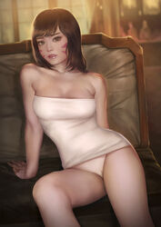 alternate_costume bottomless brown_eyes brown_hair clothing d.va dress fainxel female legs_together looking_at_viewer overwatch pussy