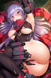 1girls absurdres android anus arm_up armpits ass bangs bare_shoulders black_gloves black_legwear black_leotard blush breasts censored closed_mouth elbow_gloves embarrassed eyebrows_visible_through_hair fanbox_reward female gloves hair_between_eyes headgear highleg highleg_leotard highres large_breasts leotard long_hair looking_at_viewer lying m-da_s-tarou mosaic_censoring nintendo nipples on_side one_breast_out orange_eyes paid_reward poppi_(xenoblade) poppi_qtpi_(xenoblade) purple_hair pussy pussy_juice red_scarf scarf solo spoilers spread_pussy sweat thighhighs torn_clothes torn_leotard wavy_mouth xenoblade_(series) xenoblade_chronicles_2