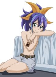 1girls beltskirt blush card denim_skirt edit female female_focus female_only green_eyes hair_ornament half_naked holding_card jean_skirt purple_hair serena_(yu-gi-oh!_arc-v) skirt small_breasts smile solo solo_female solo_focus topless yu-gi-oh! yu-gi-oh!_arc-v