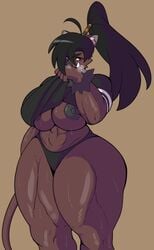 abs areola black_hair brown_fur clothing dark-skinned_female dark_skin female hair hi_res huge_ass huge_breasts mammal muscular muscular_female nipples panties seductive shirt solo suid suina sus_(pig) thick_thighs topwear tusks underwear vammzu wide_hips wild_boar