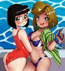 aged_up bikini chacrawarrior female looking_at_viewer marcie open_shirt peanuts peanuts_worldwide_llc peppermint_patty shirt swimming_pool swimsuit text yuri