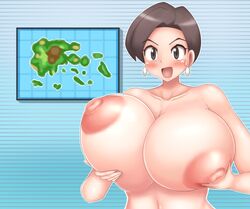 1girls alternate_breast_size big_breasts blush borscht breasts breasts_bigger_than_head brown_hair busty earrings gabby_(pokemon) huge_breasts interviewer_(pokemon) interviewer_(pokemon_oras) nintendo npc_trainer nude nude_female pokemon pokemon_oras pokemon_rse solo solo_female