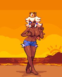 beach blonde_hair blue_eyes breasts crown dark-skinned_female dark_skin female ganguro gyaru mario_(series) nintendo nipples noscium pixel_art princess_peach solo sunset super_mario_sunshine tan_skin