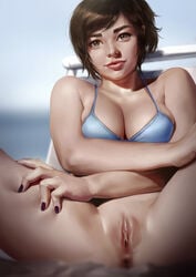 bikini_top black_hair bottomless brown_eyes fainxel legs_held_open mei_(overwatch) open_legs overwatch pussy pussy_lips red_lips shaved_pussy vagina