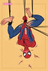 1boy barefoot bdsm bondage dotted_background erection exposed_balls exposed_penis gay gay_domination helpless hero legs_held_open lint1987 male male_only marvel penis spider-man straight_hair superhero superhero_costume suspension_bondage testicle_pull testicles tied_penis torn_bodysuit yellow_background