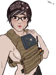 1girls asian beanie beanie_hat black_hair brown_eyes dokkaebi_(rainbow_six) dorodoroart female female_only glasses looking_at_viewer mostly_nude rainbow_six rainbow_six_siege short_hair sideboob solo sweat tom_clancy vest