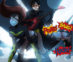 1boy 1girls all_fours alternate_breast_size anal barbara_gordon batgirl batman_(cosplay) batman_(series) batmetal bent_forward big_breasts bodysuit breasts close-up clothed_sex clothing dc dc_comics doggy_style duo electric_guitar female from_behind from_behind_position guitar jason_todd male mask musical_instrument penetration penis playing_guitar pussy red_hood_(dc) ripped_bodysuit ripped_clothing samasan sex skin_tight standing_sex straight taken_from_behind tight_clothing uniform vaginal_penetration