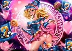 1girls ass big_ass blonde_hair blush boots breasts cleavage clothed dark_magician_girl deviantart dress gloves green_eyes hat heart kneeling large_breasts lipstick long_hair panties pink_panties reivash rubbing sideboob text thick_thighs url watermark wide_hips yu-gi-oh! yu-gi-oh!_duel_monsters