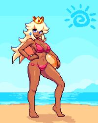 beach bikini blonde_hair blue_eyes crown dark_skin female ganguro gyaru mario_(series) nintendo noscium pixel_art princess_peach solo super_mario_sunshine tan_skin