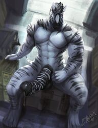 animal_genitalia animal_penis anthro balls big_penis bodily_fluids equid equine equine_penis erection genital_fluids horsecock looking_at_viewer male male_only mammal muscular muscular_male nude obaum penis precum sitting solo striped_penis stripes zebra