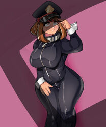 1girls bimbo blush bob_cut bodysuit camie_utsushimi_(cosplay) hat hero_outfit_(mha) keigi_(artist) large_breasts my_hero_academia ochako_uraraka peaked_cap pregnant shiketsu_high_school_cap uniform uraraka_ochako utsushimi_camie_(cosplay) voluptuous wide_hips wrist_cuffs zipper