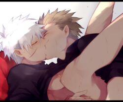 2boys artist_request brown_hair closed_eyes facepaint gay kissing leg_lift legs legs_up male male_only naruto naruto_(series) naruto_shippuden nipples pecs romantic scars senju_tobirama sex shirt_lift white_hair yaoi