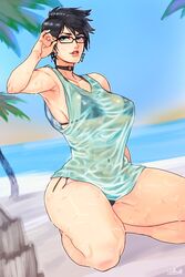 bayonetta bayonetta_(character) bayonetta_2 beach bikini blue_eyes busty choker earrings eyeshadow female_only glasses hourglass_figure large_breasts navel see-through short_hair thick_thighs wallace_pires wide_hips