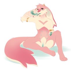 anthro compass_(artist) cuntboy female flat_chested hybrid intersex lagomorph leporid looking_at_viewer mammal nude open_mouth pussy rabbit sitting solo teats