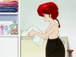 1girls animated breasts breasts_out canon_genderswap casual clothing female female_focus female_only gif hair human indoors nipples pale_skin pants ranma-chan ranma_1/2 ranma_saotome red_hair screencap solo solo_focus tied_hair towel undressing washing_machine