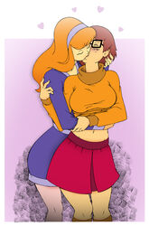 2girls akira-devilman666 breasts curvy daphne_blake female female_only hanna-barbera kissing large_breasts scooby-doo shoxxe skirt sweater_lift velma_dinkley yuri