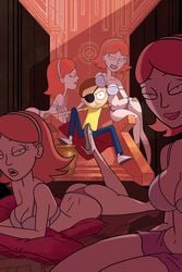 1boy 4girls accurate_art_style ass bedroom_eyes bra breasts breasts_on_head brown_hair clothed clothing eyelashes eyepatch female hairband half-closed_eyes harem hips jessica jessica_(rick_and_morty) light_skin lips looking_at_viewer lying male morty_smith multiple_girls navel on_stomach one_leg_up open_mouth orange_hair pale-skinned_female pale_skin panties parted_lips pillow rick_and_morty sitting smile smiling straight teeth thin_waist throne underwear wide_hips