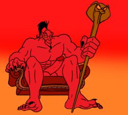 1boy abs aladdin balls big_penis disney erection evil_smile genie jafar jafar_(genie) male male_only muscular_male pecs red_skin scepter solo throne