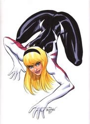 1girls ass athletic_female blonde_hair costume crawling female female_only gwen_stacy hairband marvel marvel_comics posing scott_dalrymple solo spider-gwen spider-man_(series)